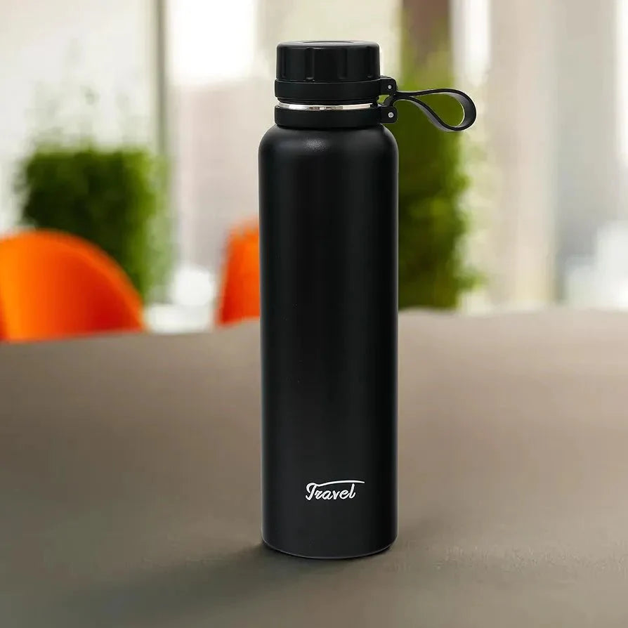 Premium Vacuum Insulated Travel Water Bottle 650ml | Stainless Steel Black Bottle